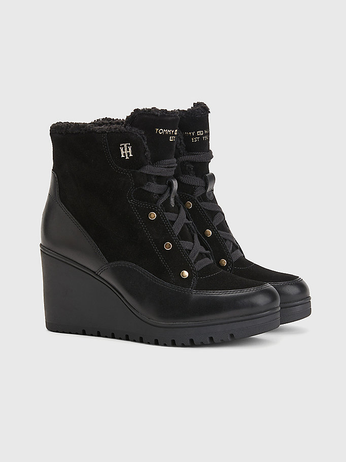 black warm lined wedge ankle boots for women tommy hilfiger