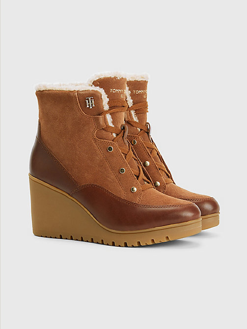 brown warm lined wedge ankle boots for women tommy hilfiger