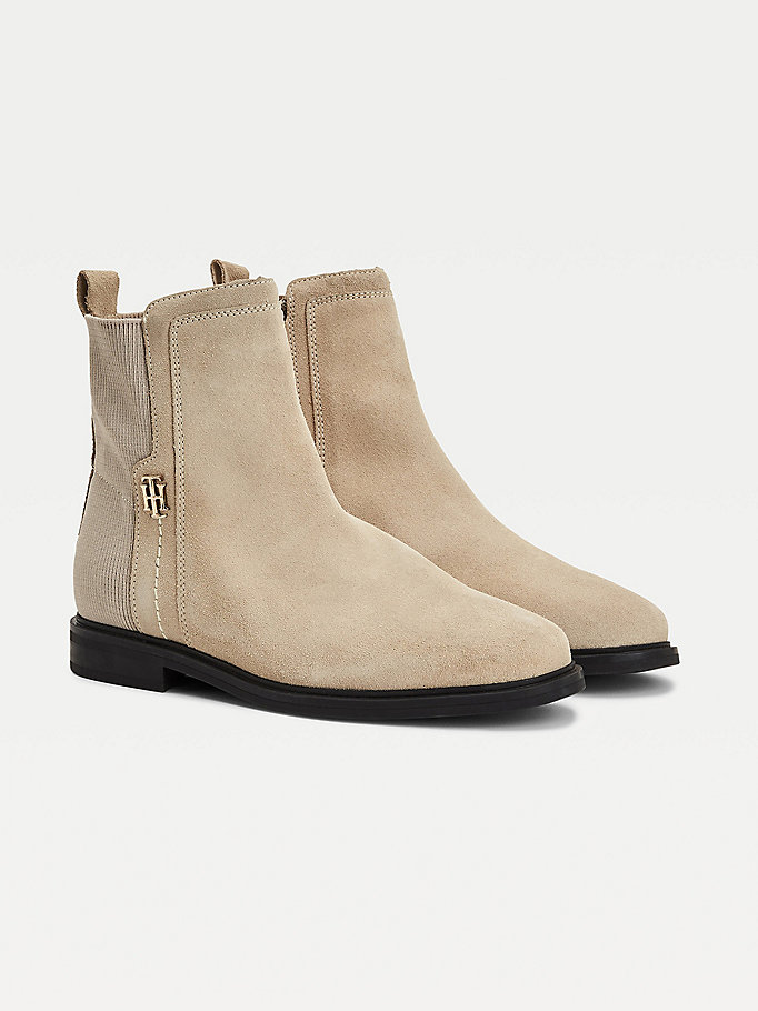 beige essential monogram plaque suede ankle boots for women tommy hilfiger