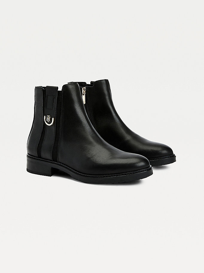black monogram plaque flat leather ankle boots for women tommy hilfiger