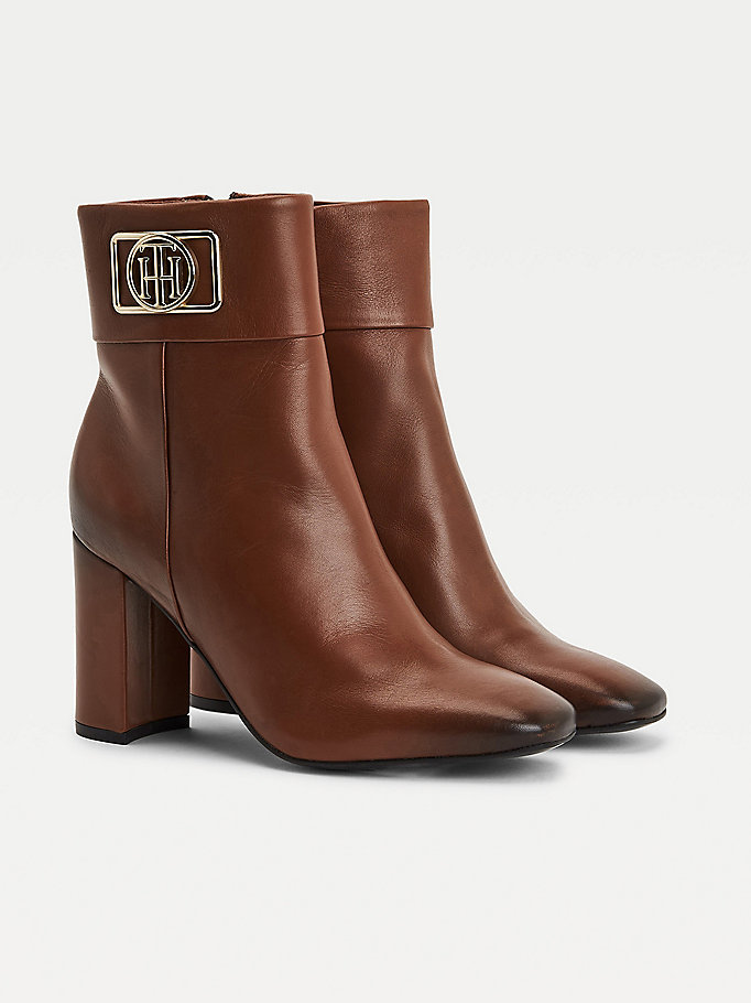 brown square toe leather ankle boots for women tommy hilfiger
