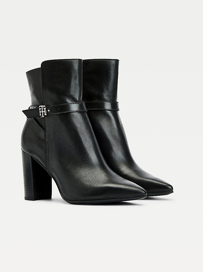 black crossover strap leather ankle boots for women tommy hilfiger