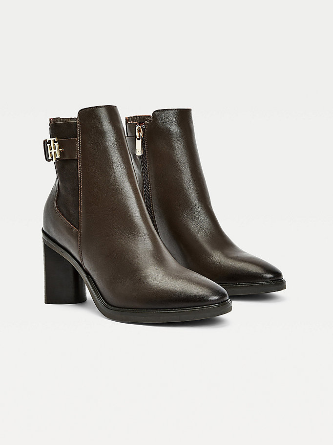 brown monogram high heel leather ankle boots for women tommy hilfiger