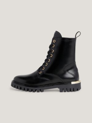 Polished Leather Cleat LaceUp Ankle Boots BLACK Tommy Hilfiger