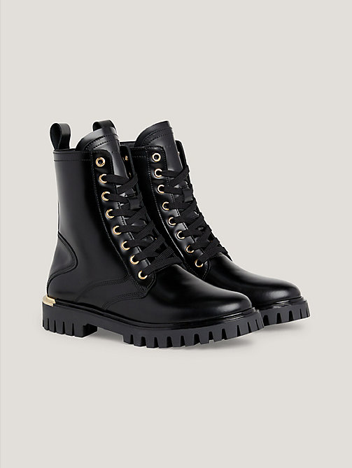 black leather lace-up cleat boots for women tommy hilfiger