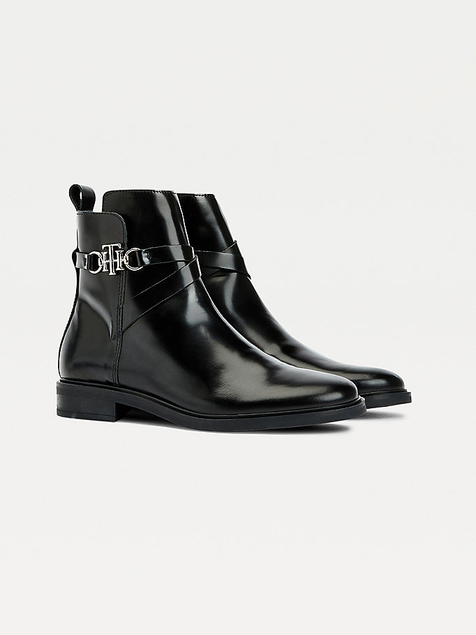 black monogram horsebit leather ankle boots for women tommy hilfiger