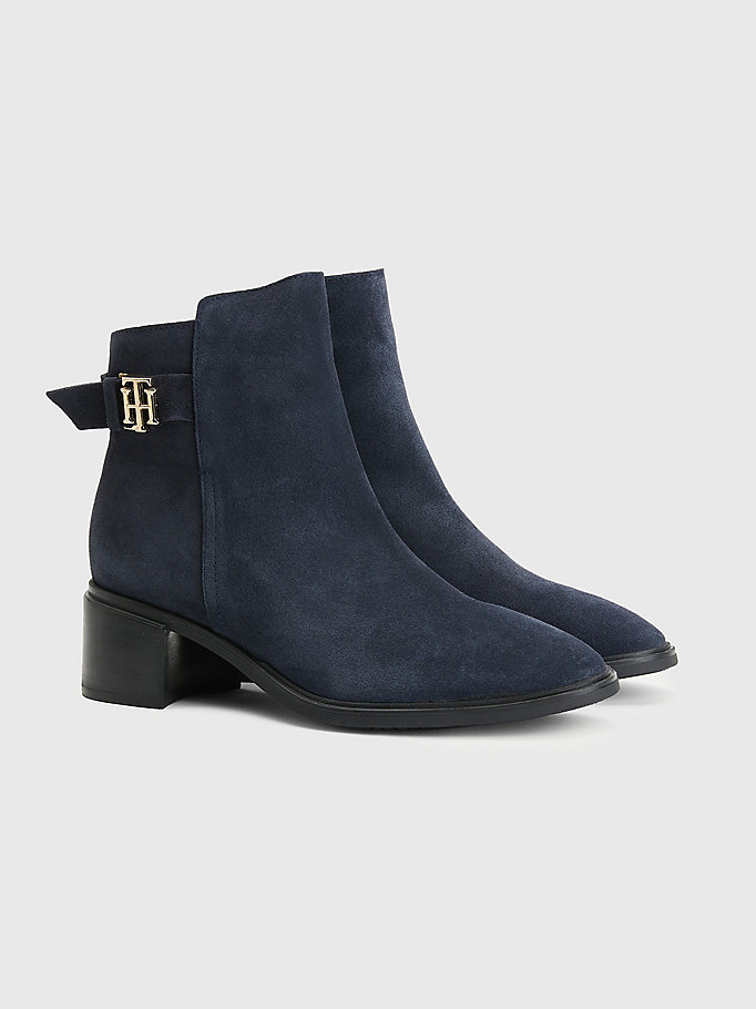 blue monogram buckle mid heel ankle boots for women tommy hilfiger