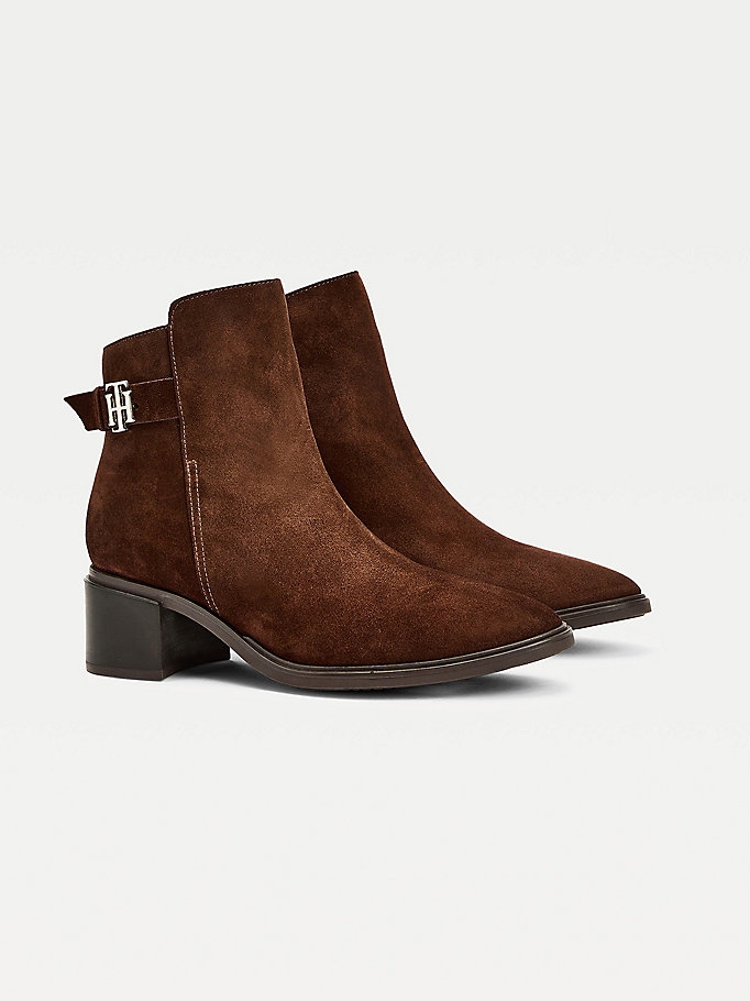 brown monogram buckle mid heel ankle boots for women tommy hilfiger