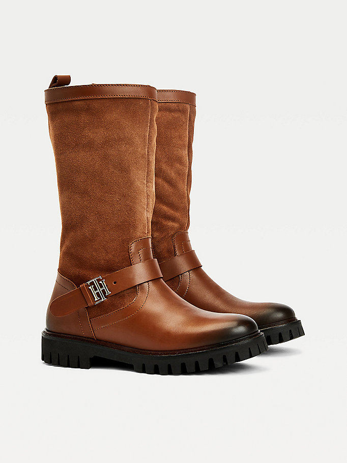 brown monogram buckle leather cleat boots for women tommy hilfiger