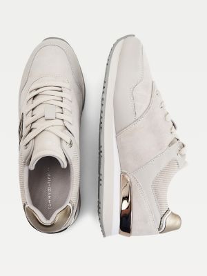 Mixed Texture Leather Metallic Flag Trainers Grey Tommy Hilfiger