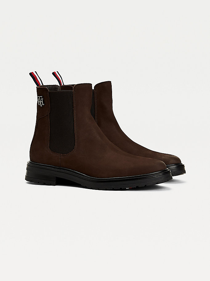 brown monogram chelsea suede ankle boots for women tommy hilfiger