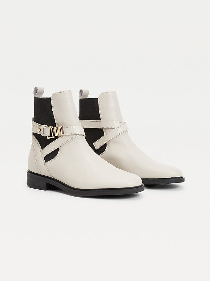 beige buckled leather ankle boots for women tommy hilfiger