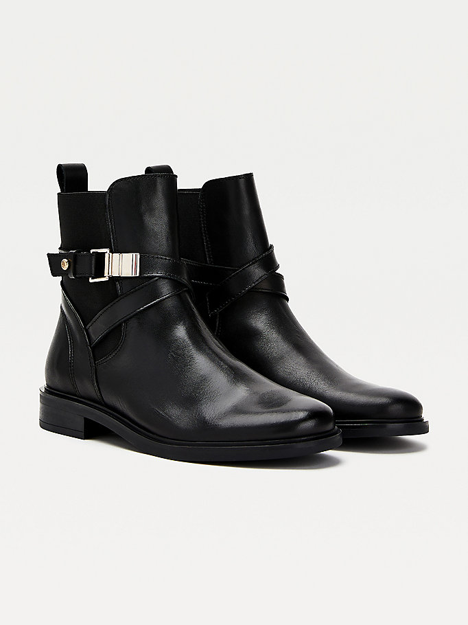 black buckled leather ankle boots for women tommy hilfiger