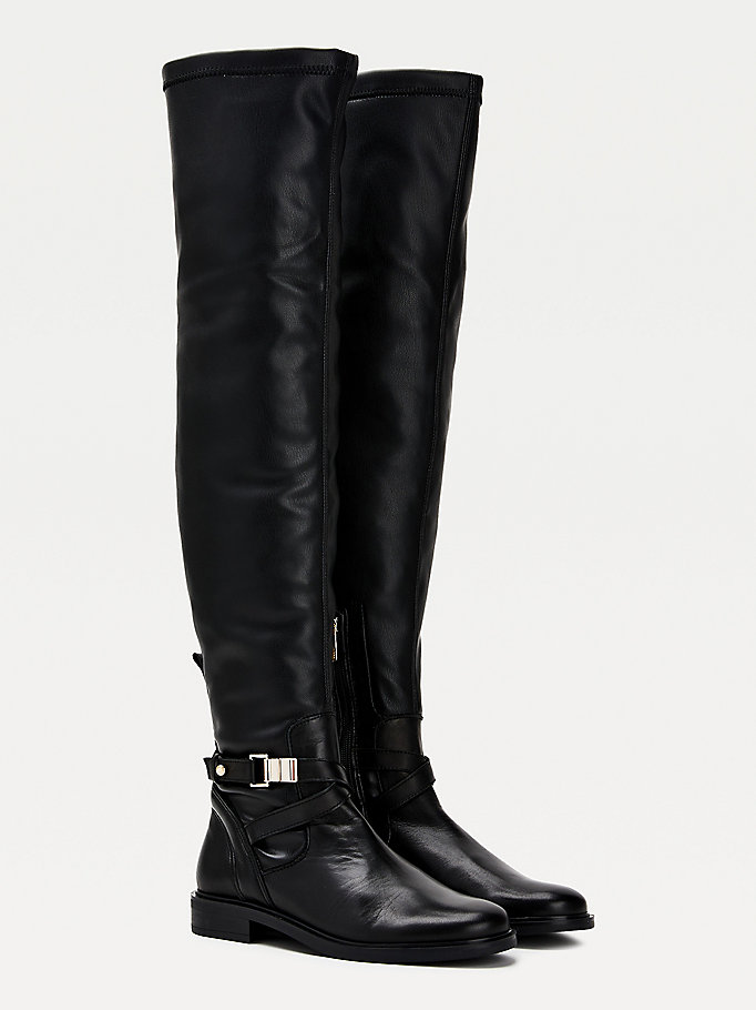 black leather metal buckle over-knee boots for women tommy hilfiger