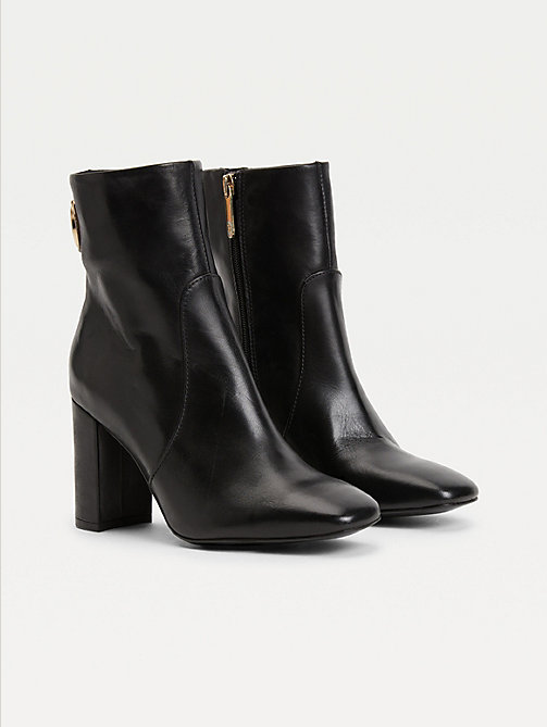 black leather monogram high heel boots for women tommy hilfiger