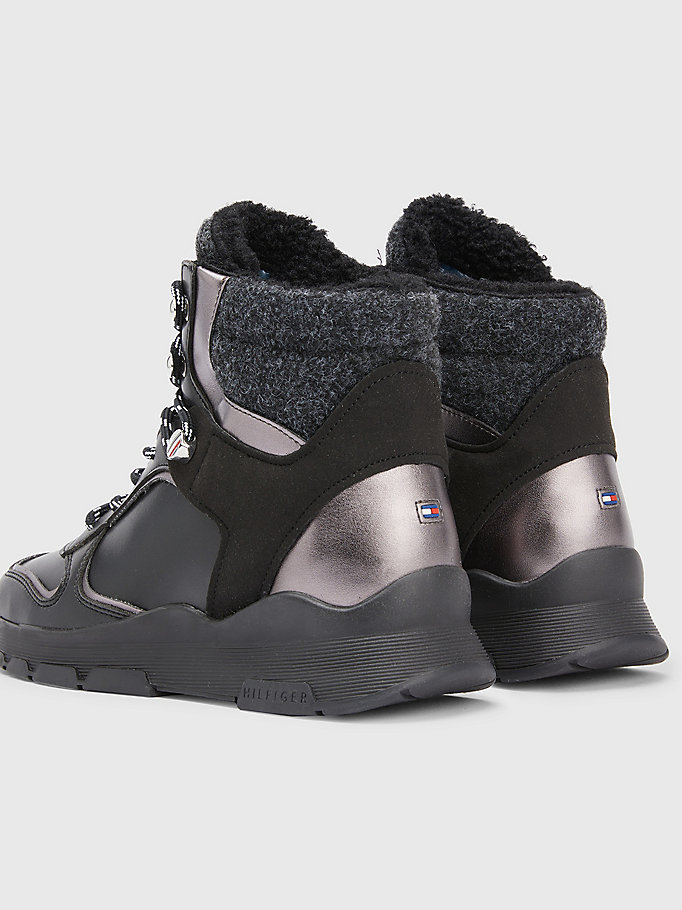 black metallic mixed panel outdoor boots for women tommy hilfiger