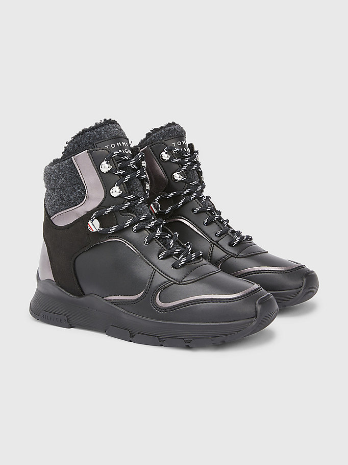 black metallic mixed panel outdoor boots for women tommy hilfiger