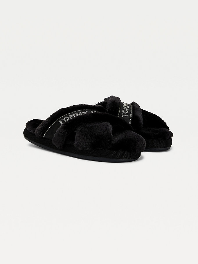 zwart pantoffel van imitatiebont met logotape voor women - tommy hilfiger