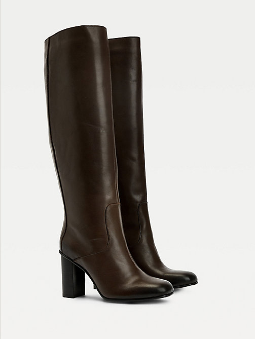 brown leather square toe high heel boots for women tommy hilfiger
