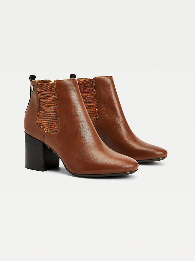 brown essential leather high heel ankle boots for women tommy hilfiger