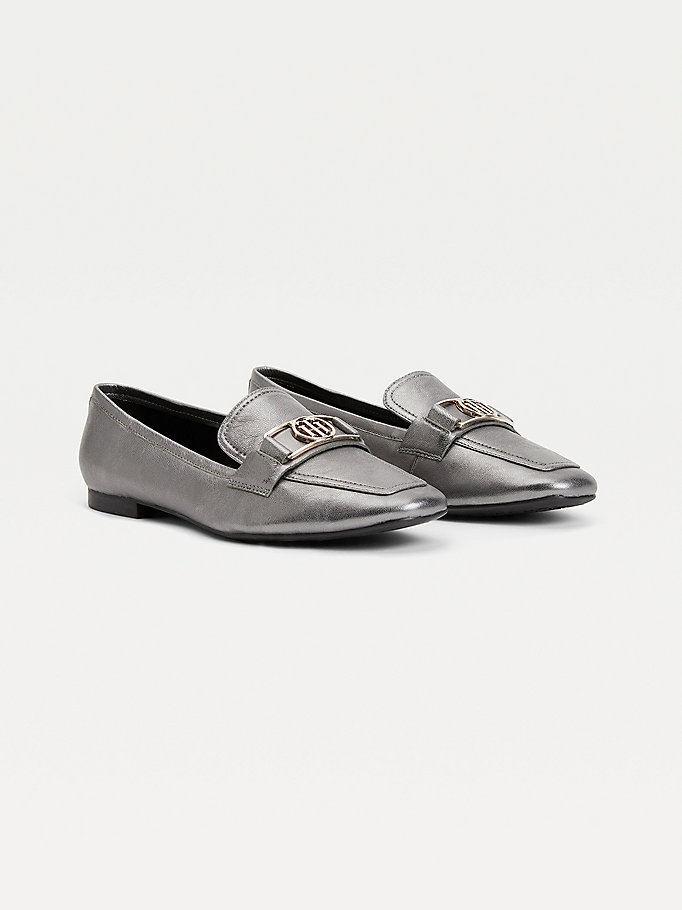 grey essential metallic silver leather loafers for women tommy hilfiger