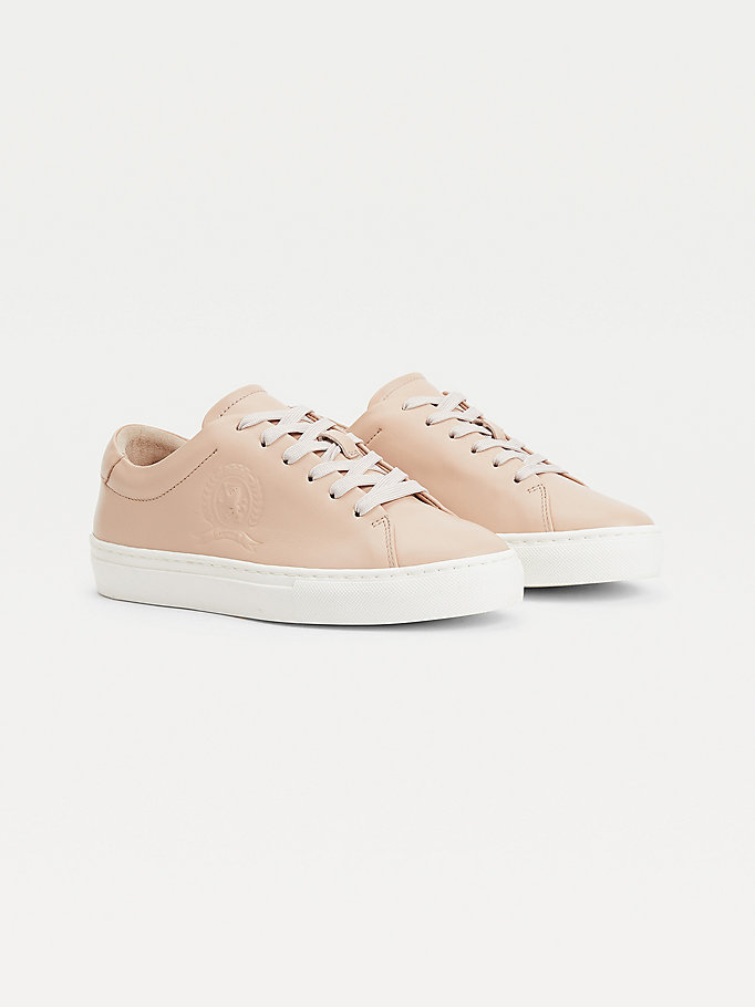 beige elevated crest leather trainers for women tommy hilfiger