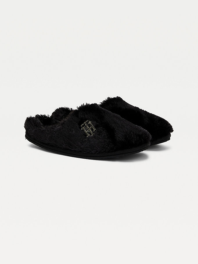 black th monogram faux fur slippers for women tommy hilfiger
