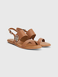 brown th monogram leather flat sandals for women tommy hilfiger