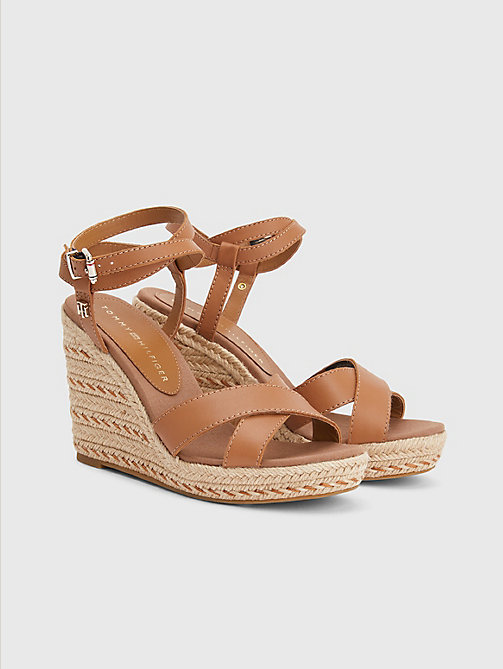 brown leather high heel wedge sandals for women tommy hilfiger