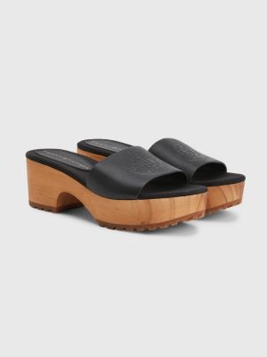 Leather Platform Heel Clog Sandals BLACK Tommy Hilfiger