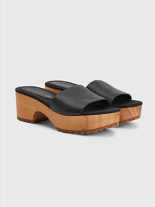 black leather platform heel clog sandals for women tommy hilfiger