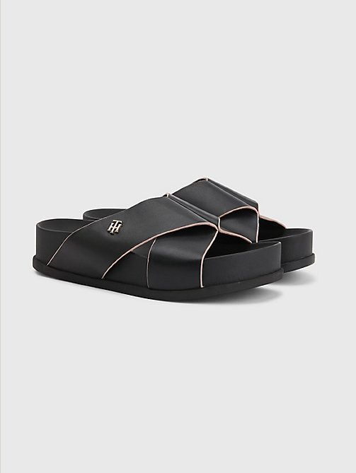 schwarz flatform-sandale mit überkreuzten lederriemen für damen - tommy hilfiger