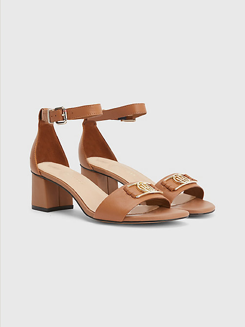 brown th interlock leather mid heel sandal for women tommy hilfiger