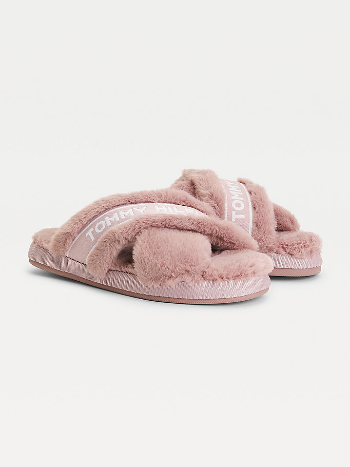 pink faux fur logo home slippers for women tommy hilfiger