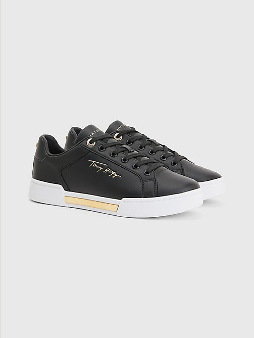 black signature logo leather cupsole trainers for women tommy hilfiger