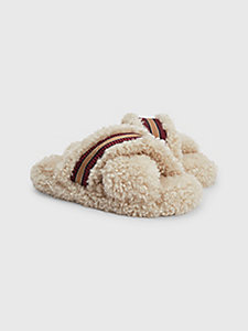 beige sherpa logo slippers for women tommy hilfiger