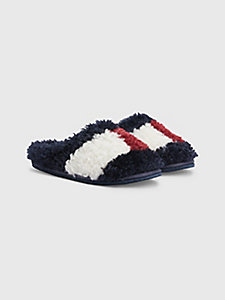 blue sherpa colour-blocked slippers for women tommy hilfiger
