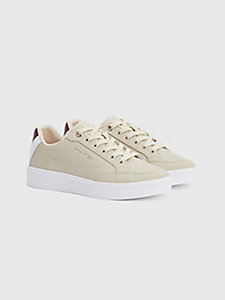 beige essential leather signature cupsole trainers for women tommy hilfiger