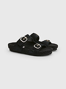 black suede warm lined open-toe mules for women tommy hilfiger