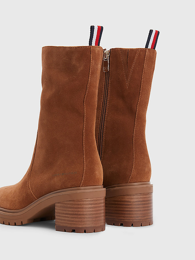 brown suede mid heel zip-up boots for women tommy hilfiger