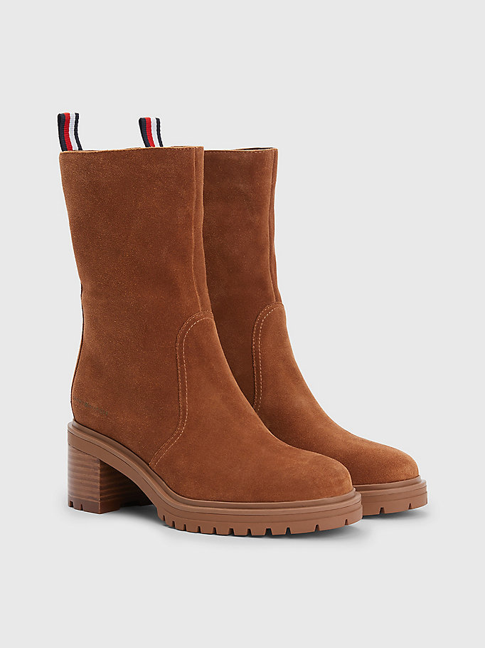 brown suede mid heel zip-up boots for women tommy hilfiger