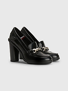 black chain detail leather loafer heels for women tommy hilfiger
