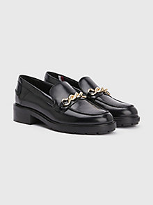 black th monogram chain detail chunky leather moccasins for women tommy hilfiger
