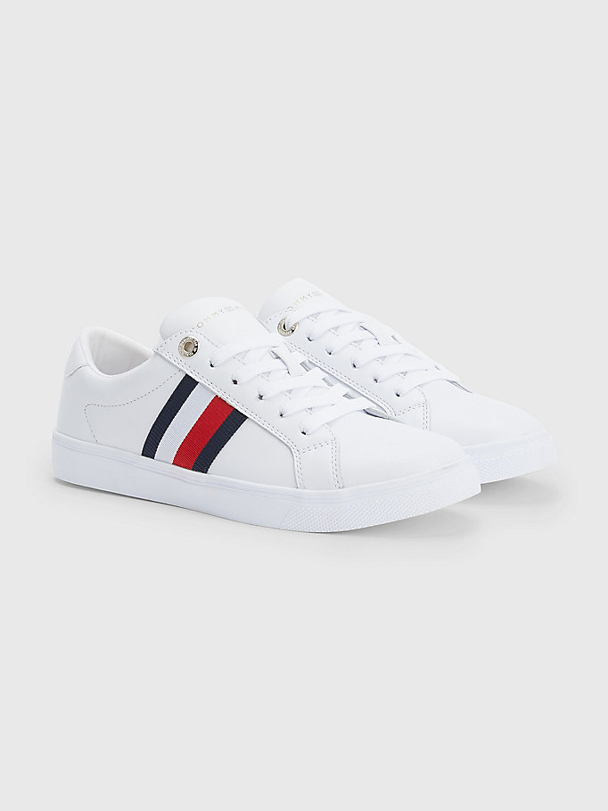 white signature tape leather trainers for women tommy hilfiger