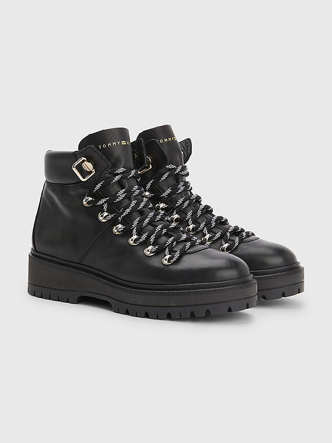 black leather hiking-inspired ankle boots for women tommy hilfiger