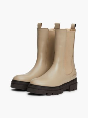 beige leather chunky cleat chelsea boots for women tommy hilfiger