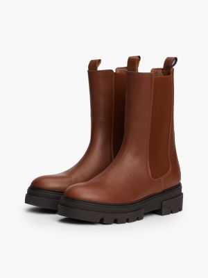 brown leather chunky cleat chelsea boots for women tommy hilfiger