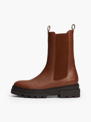 brown leather chunky cleat chelsea boots for women tommy hilfiger