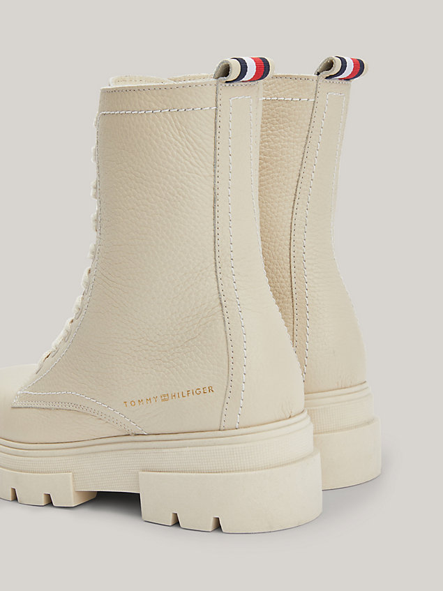 beige textured leather lace-up mid boots for women tommy hilfiger