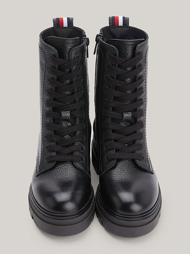 black textured leather lace-up mid boots for women tommy hilfiger